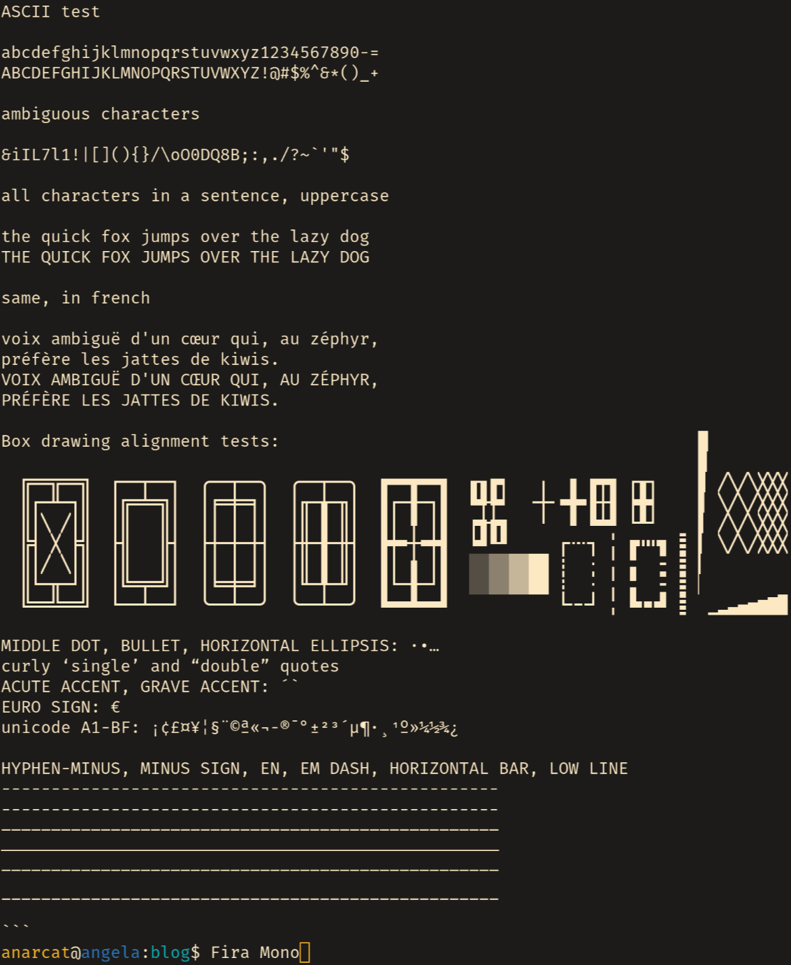 A dark terminal
showing the test sheet in Fira Mono