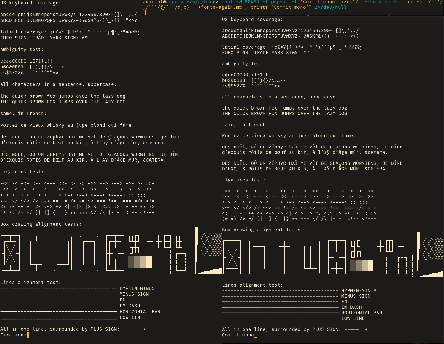 Two dark terminals showing
Fira Mono and Commit Mono side by side.
